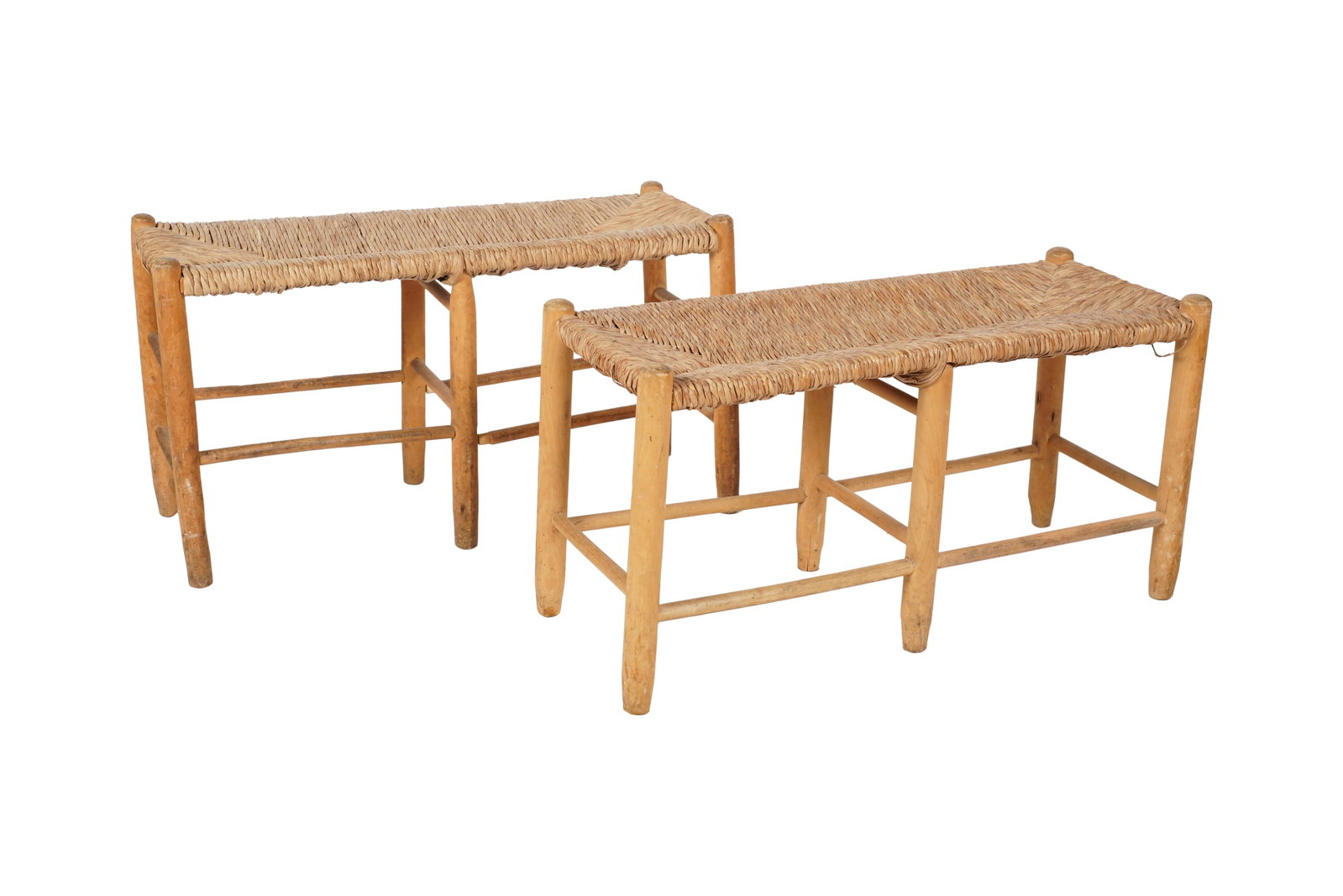 Charlotte Perriand Pair of Benches: sizing slightly varies, rush seats One measuring: 13 x 34 1/2 x 19 1/2 in. (33 x 87.6 x 49.5 cm.), The other: 18 x 34 1/2 x 19 1/2 in. (45.7 x 87.6 x 49.5 cm.)