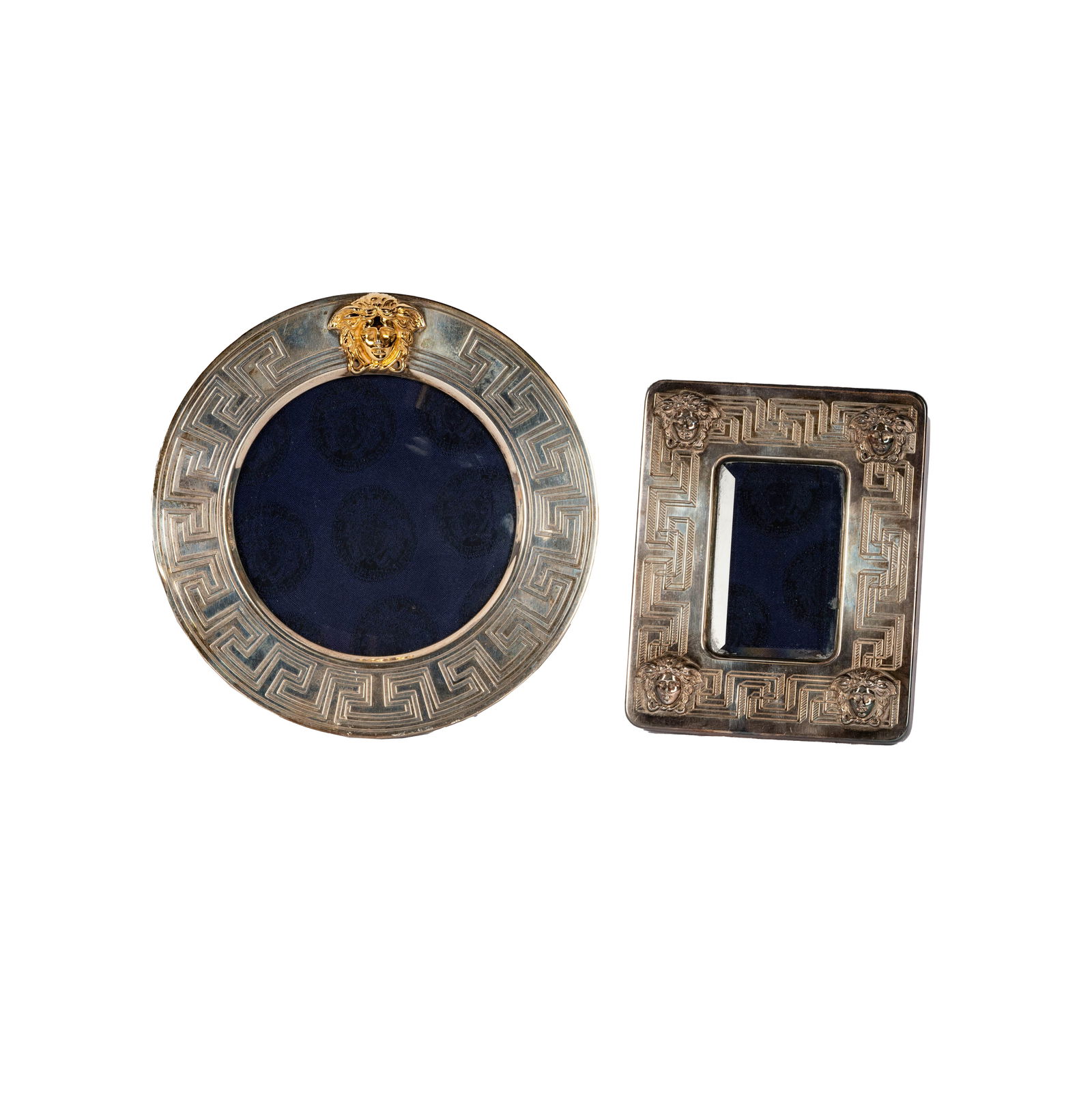 Two Gianni Versace Sterling Picture Frames: Each marked Gianni Versace and 925 Round Frame: 7 7/8 in. (20 cm.), Rectangle Frame: 6 1/4 x 5 in. (15.9 x 12.7 cm.)