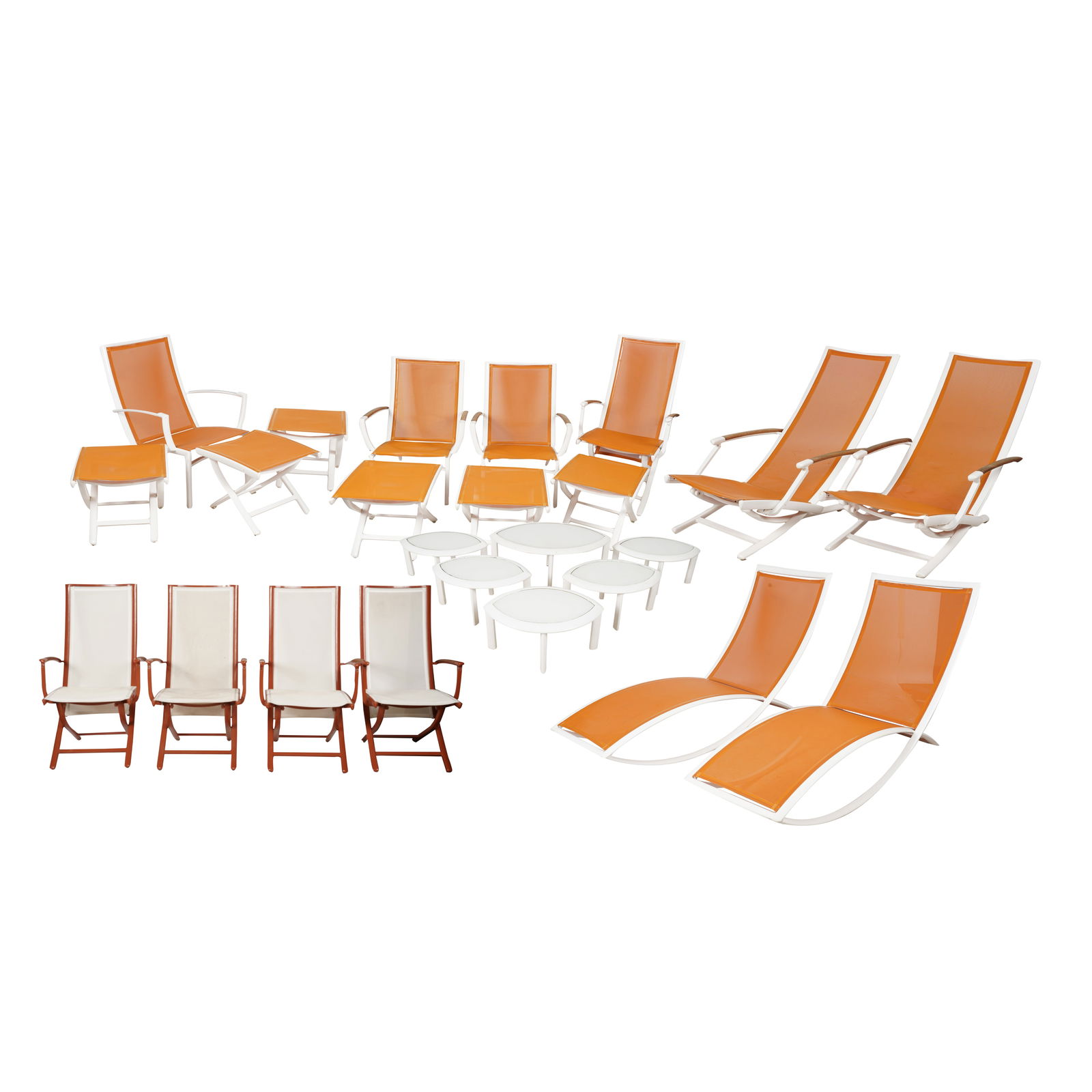 EGO Paris Collection of "Premiere" Patio Furniture: comprising four red frame armchairs (41 x 24 x 32 in.), three high back chairs (43 1/2 x 24 x 32 in.), three armchairs (34 x 26 1/2 x 34 in.), two chaise lounges (35 1/2 x 67 in.), six ottomans (15 x