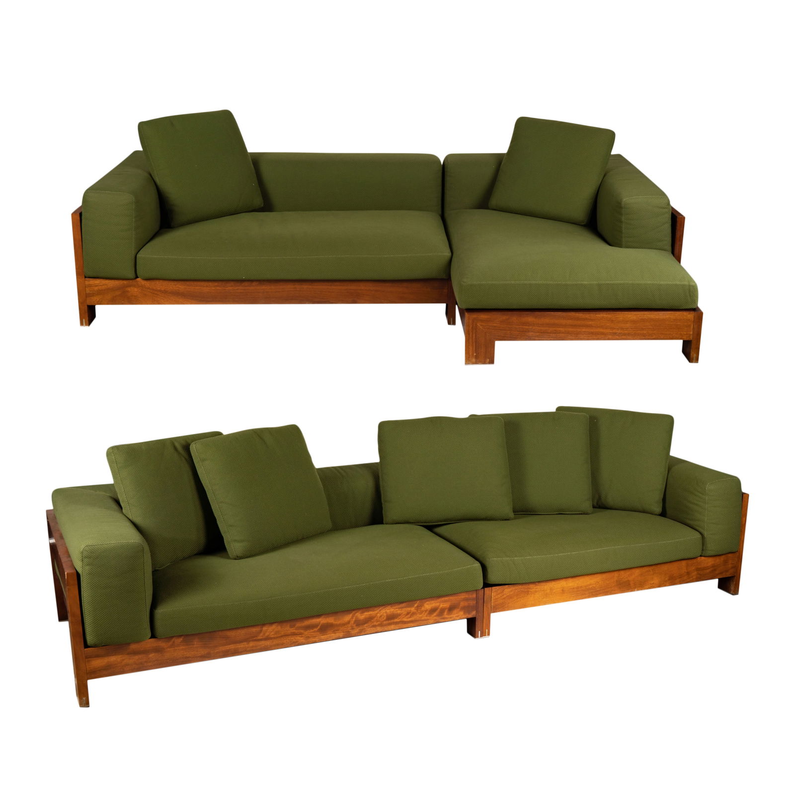 Minotti: Four Modular Units: comprising two sofas or four sections, with green upholstered cushions and tag label, two sections measuring (24 x 63 x 38 1/2 in.), smaller section measuring (24 x 55 x 38 1/2 in.), chaise measuring