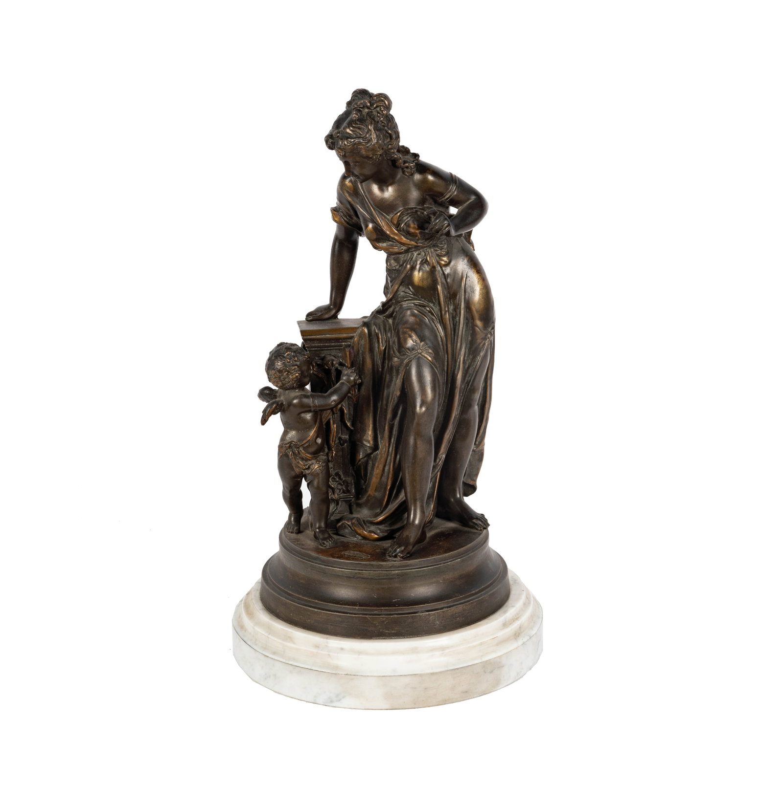 A Neoclassical-Style Patinated Bronze Figural Group: mounted to round marble plinth; unsigned Bronze: 16 1/2 in. (41.9 cm.), Plinth: 2 x 10 in. (5.1 x 25.4 cm.)