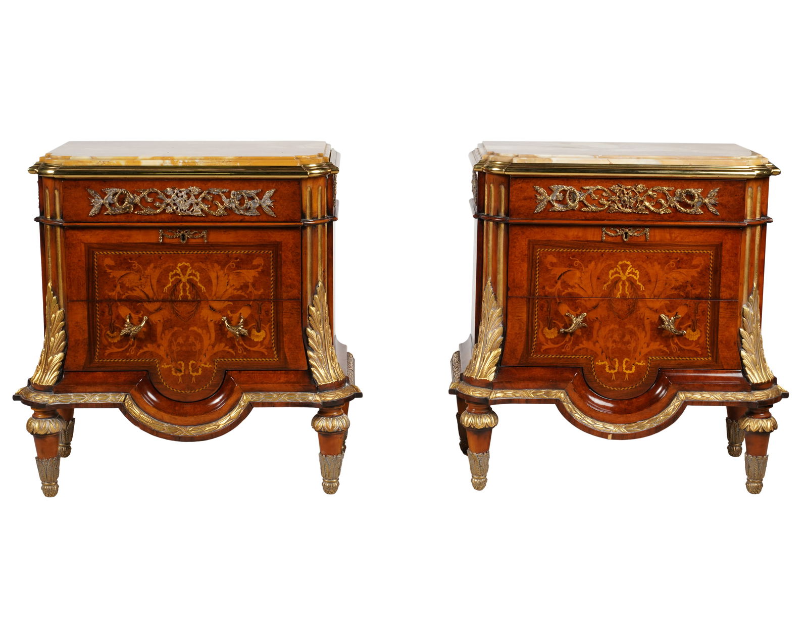 A Pair of Marble-Top Marquetry Petite Commodes (1 of 10)