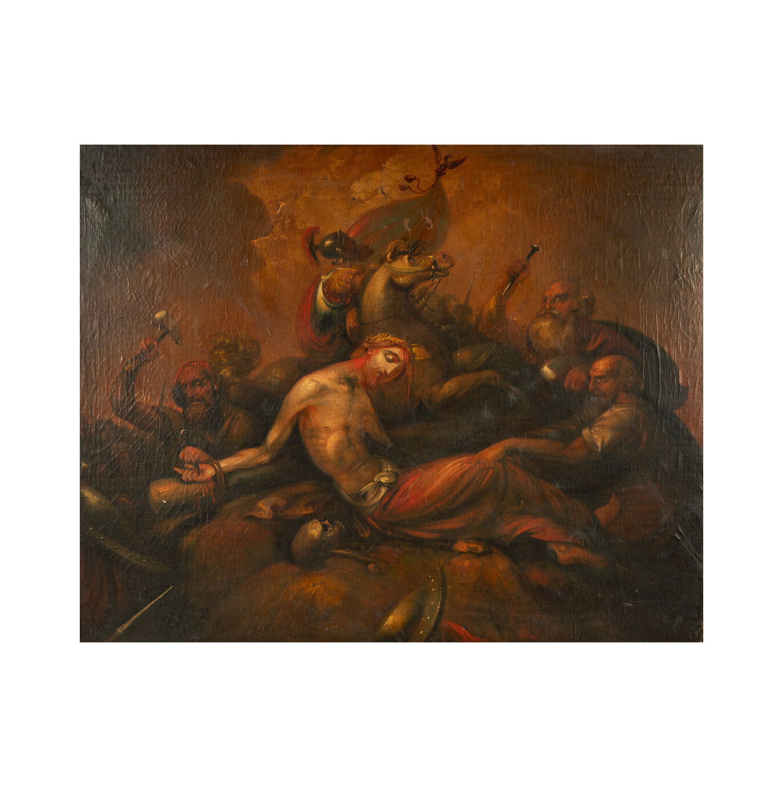 Continental School: The Crucifixion: oil on canvas laid to board 45 x 56 in. (114.3 x 142.2 cm.); Frame: 49 1/4 x 60 in.