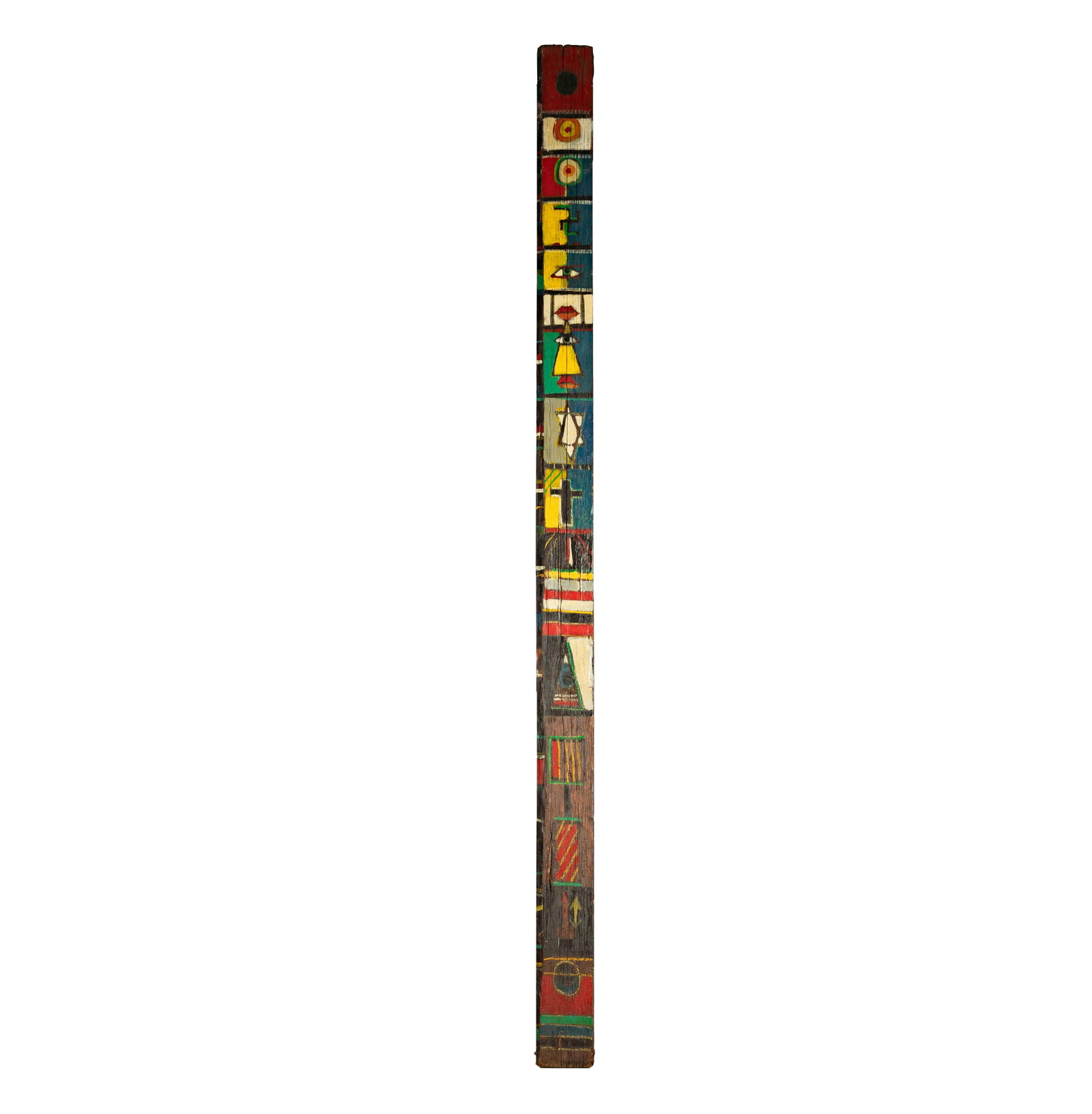 Artist Unknown: Totem: decorated with religious symbols; polychrome-painted wood plank; unsigned 96 x 5 1/2 x 1 1/2 in. (243.8 x 14 x 3.8 cm.)
