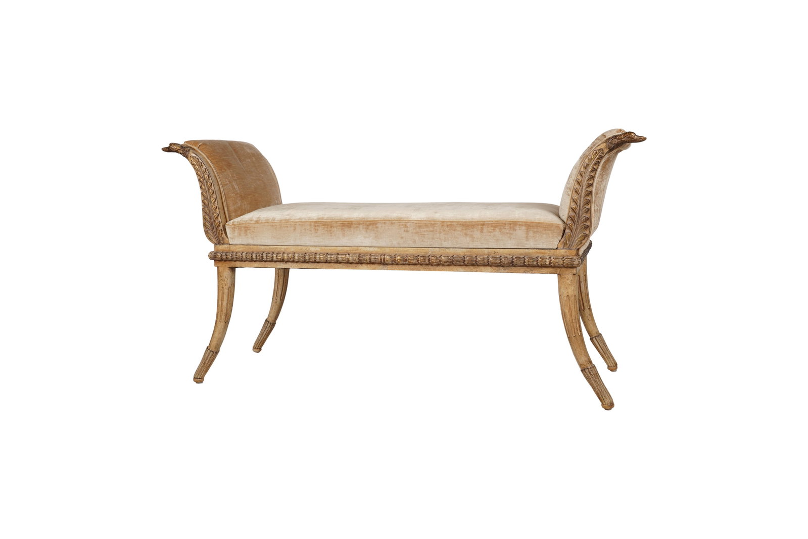 A Neoclassical-Style Painted and Gilt Bench: Ferguson Copeland Furniture Co., Morganton, NC, late 20th/21st century; covered with velvet fabric; with manufacturer's label 29 x 58 x 19 1/2 in. (73.7 x 147.3 x 49.5 cm.)