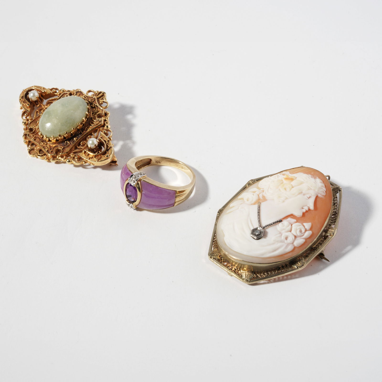 Two 14 Karat Gold, Gem-set Brooches and one 10 Karat Gold Ring (1 of 6)