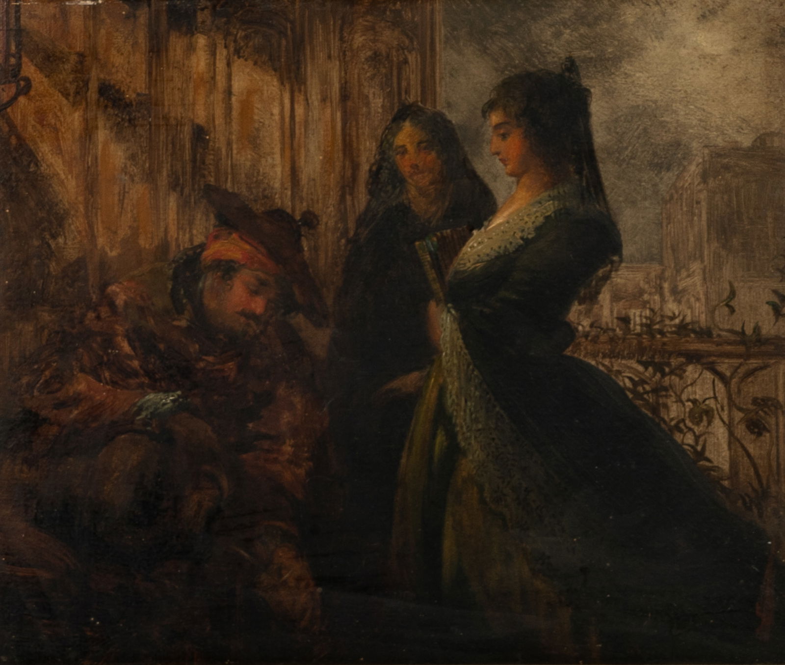 Joseph Henry Sharp (1859-1953): The Courtship: Joseph Henry Sharp 1859-1953 The Courtship oil on panel signed lower left, signed again to verso 10 x 12 in. (25.4 x 30.5 cm.), Frame: 18 1/2 x 20 1/2 in. (47 x 52.1 cm.)