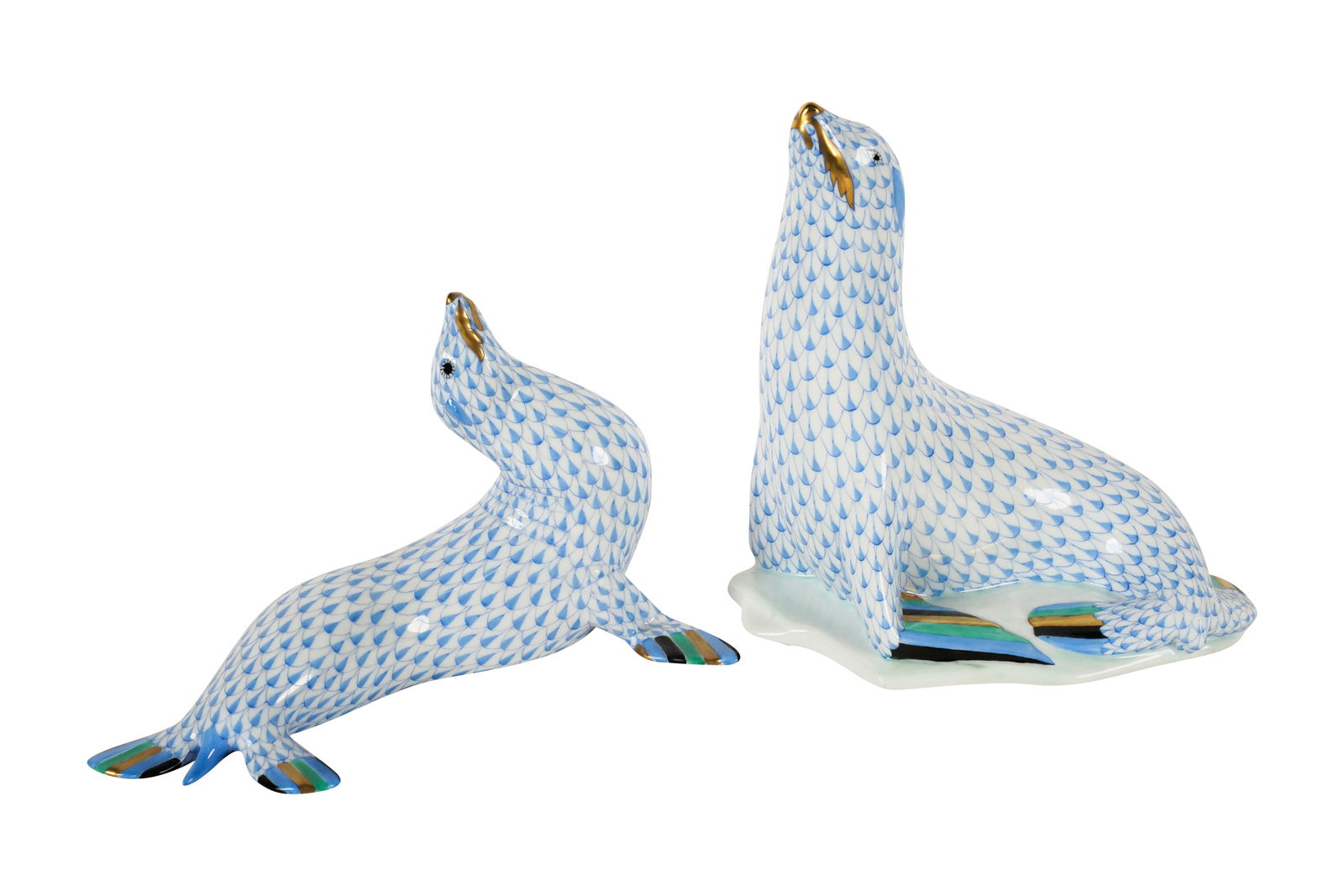 Two Herend Blue Fishnet Porcelain Seal Figurines (1 of 8)