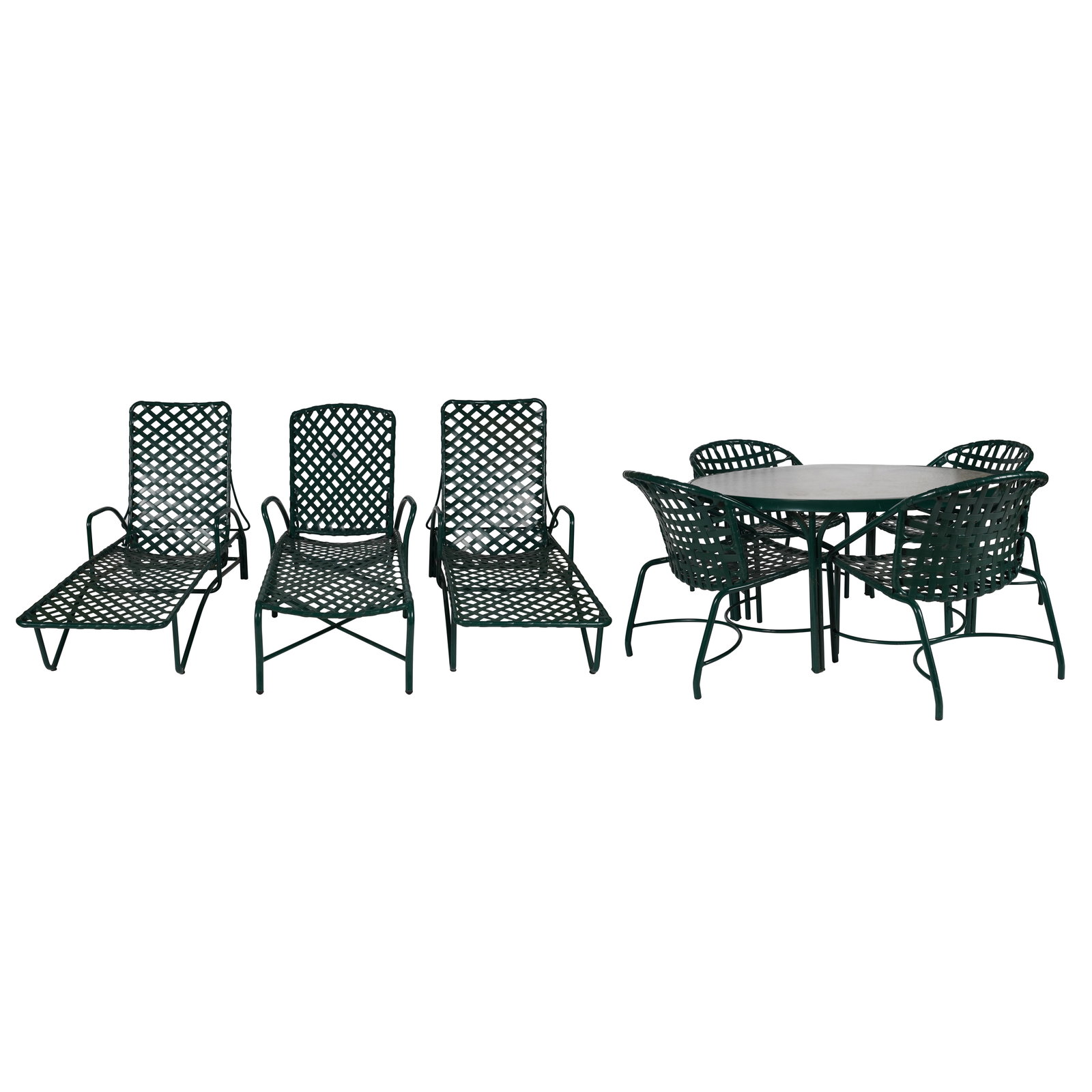 A Brown Jordan Green Painted Patio Set: comprising a table (24 x 48 in.), four chairs (27 3/4 x 21 3/4 x 23 in. seat height: 13 1/2 in.), and three chaise lounges (the pair: 38 1/4 x 25 1/4x 57 in.; seat height 12 1/2 in.; the other: 42 3/4