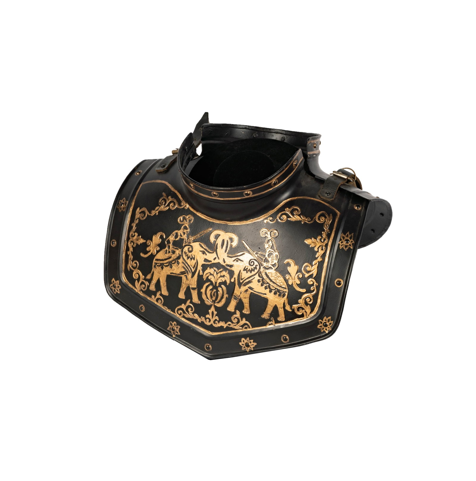 Metal Armor Plate: gilt decoration depicting elephants 13 x 12 x 7 in. (33 x 30.5 x 17.8 cm.)