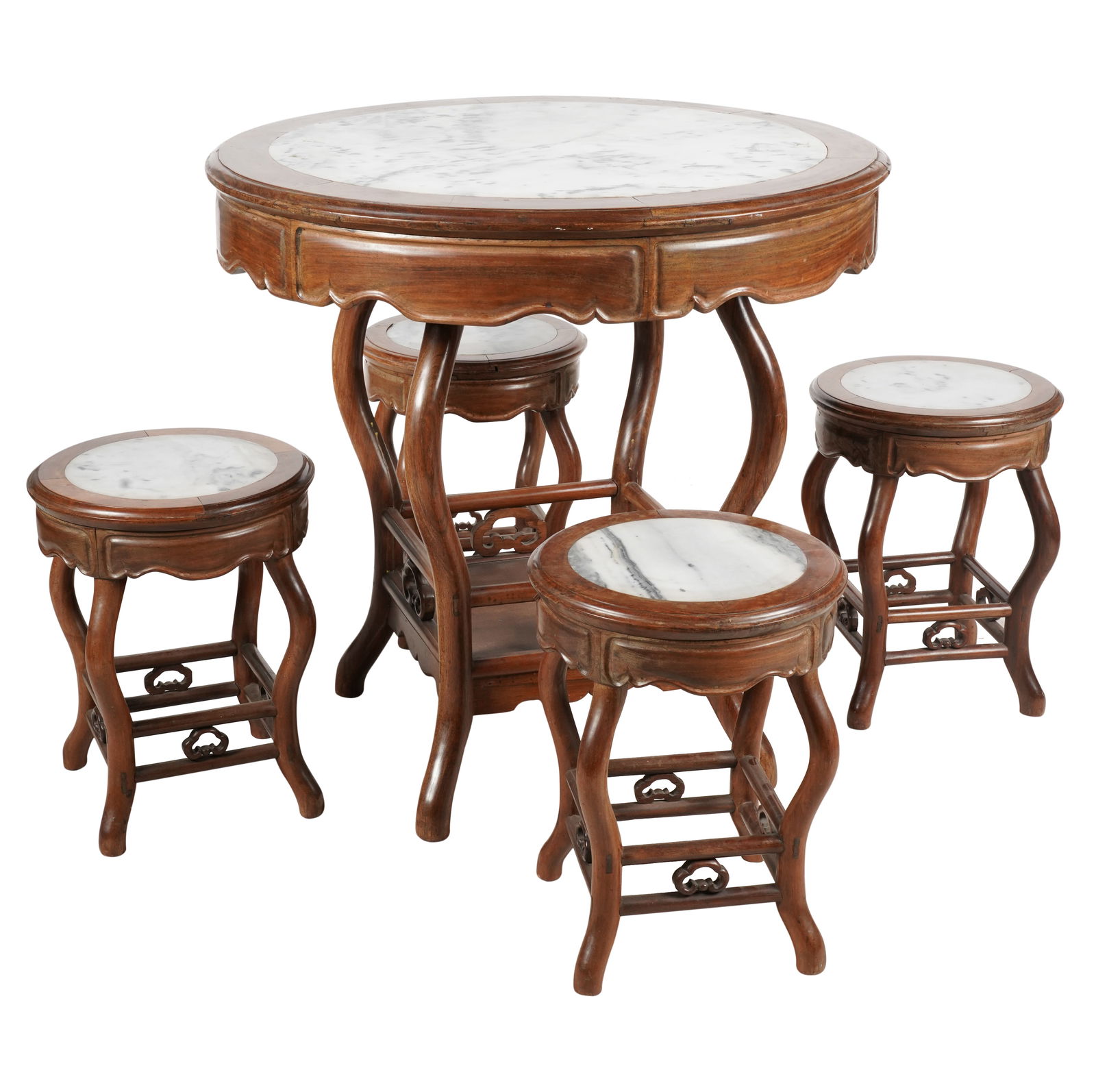 A Chinese Marble-Inset Carved Wood Table and Four Stools (1 of 7)