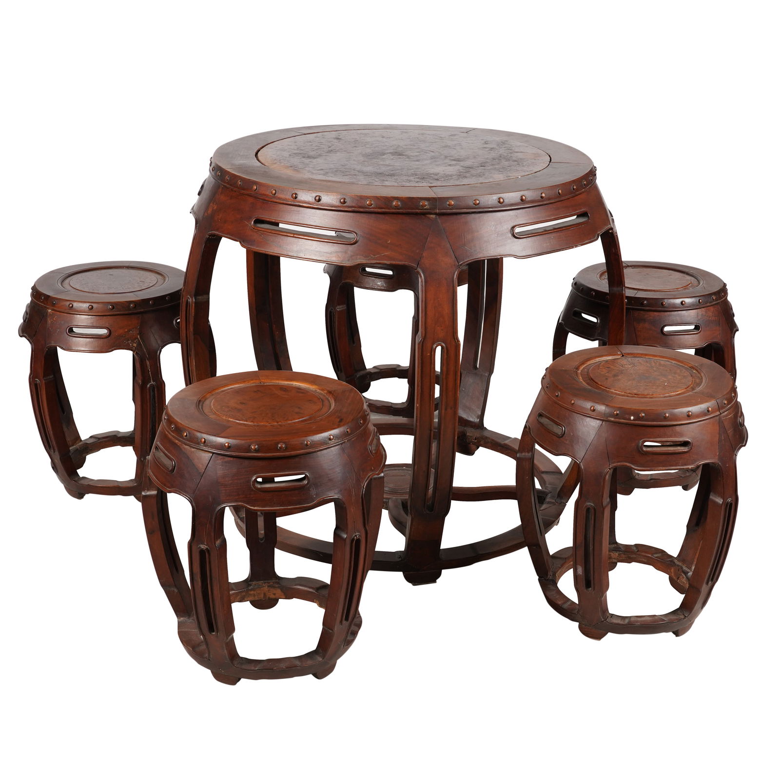 A Chinese Carved Wood Round Table and Five Stools (1 of 8)