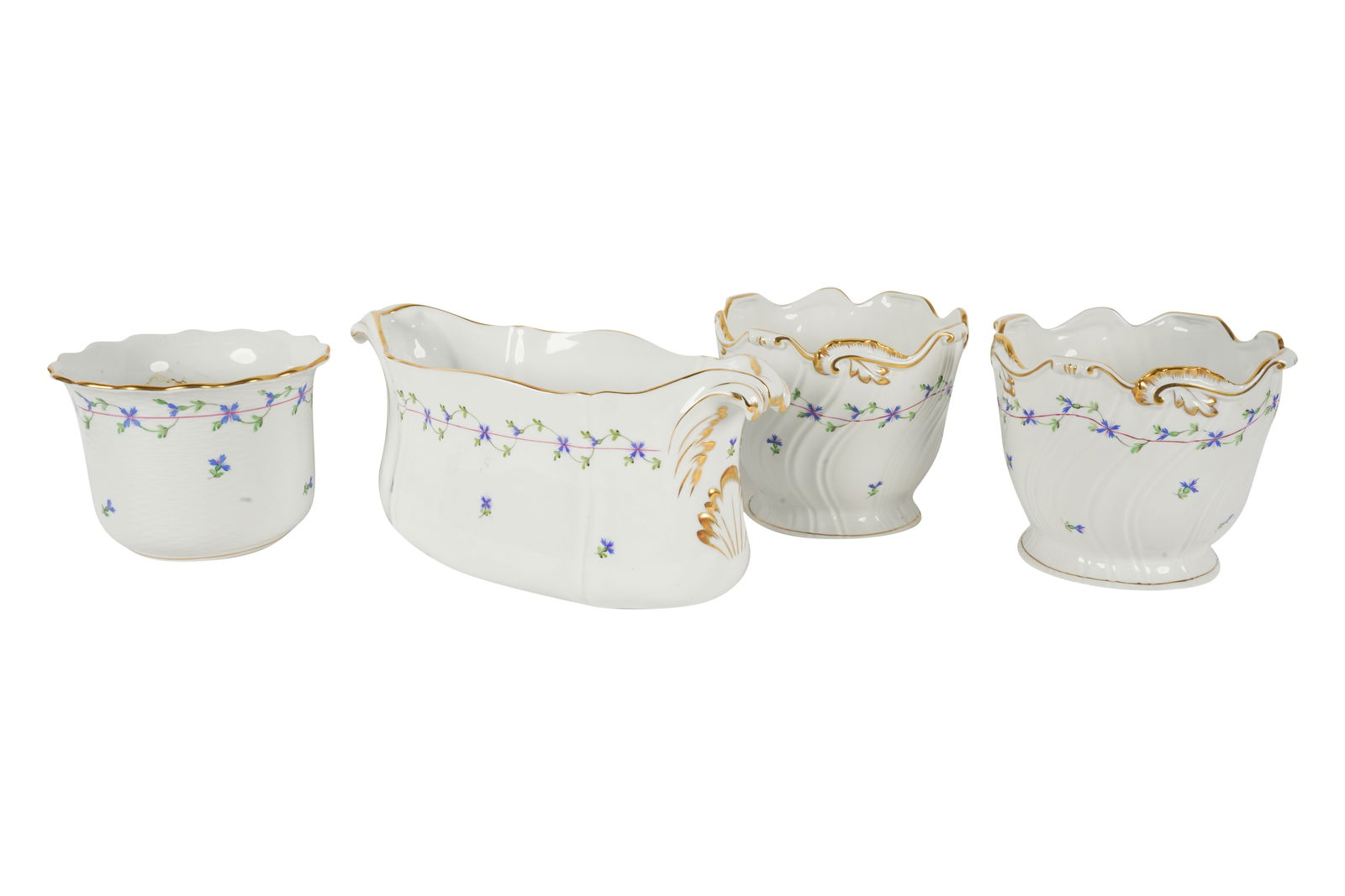 Four Herend Blue Garland Planters: each marked underside Narrow Planter: 13 1/2 in. wide (34.3 cm.), Footed Planter: 6 in. high (15.2 cm.)