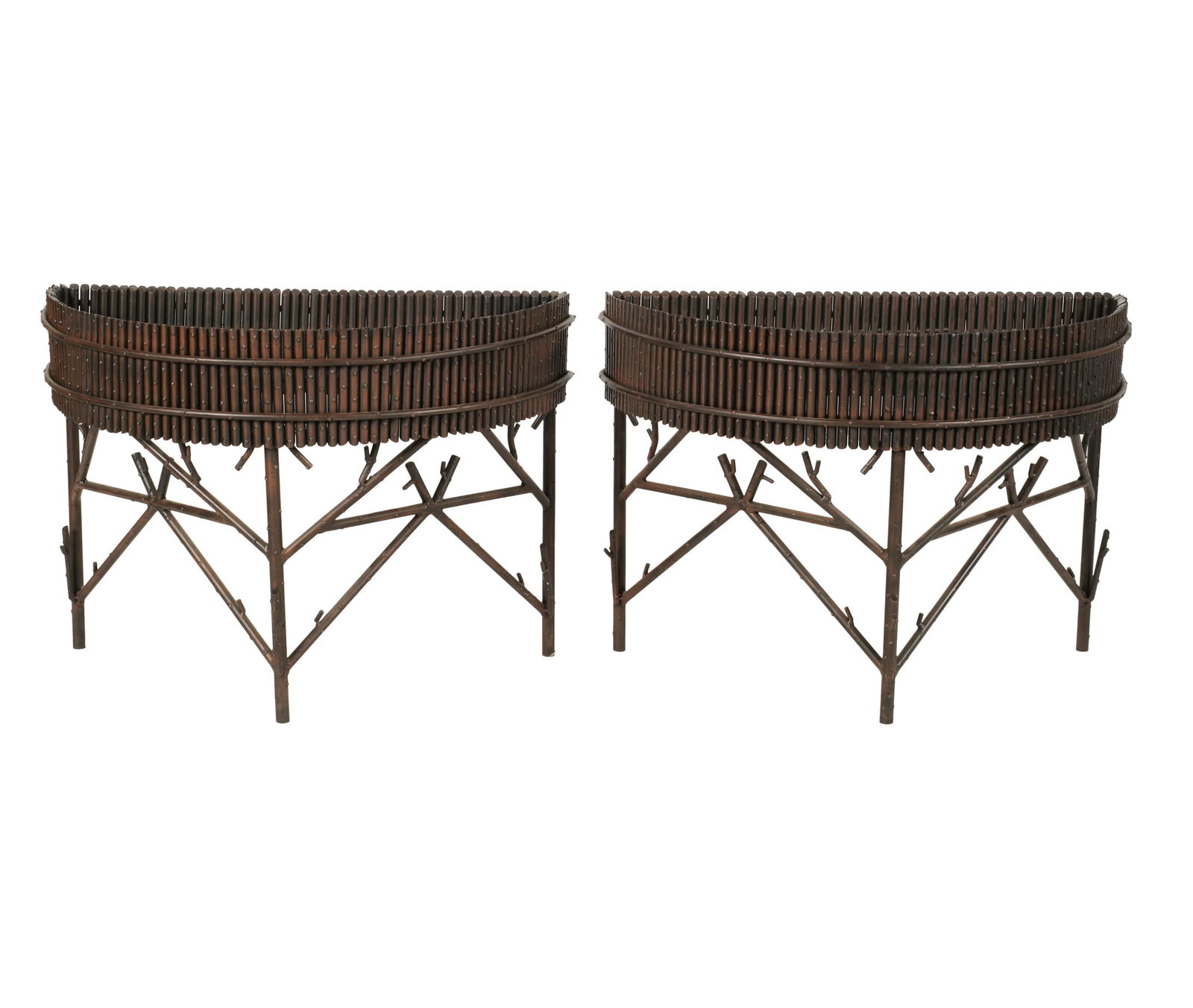 A Pair of Copper Faux Bois Demilune Planters (1 of 13)