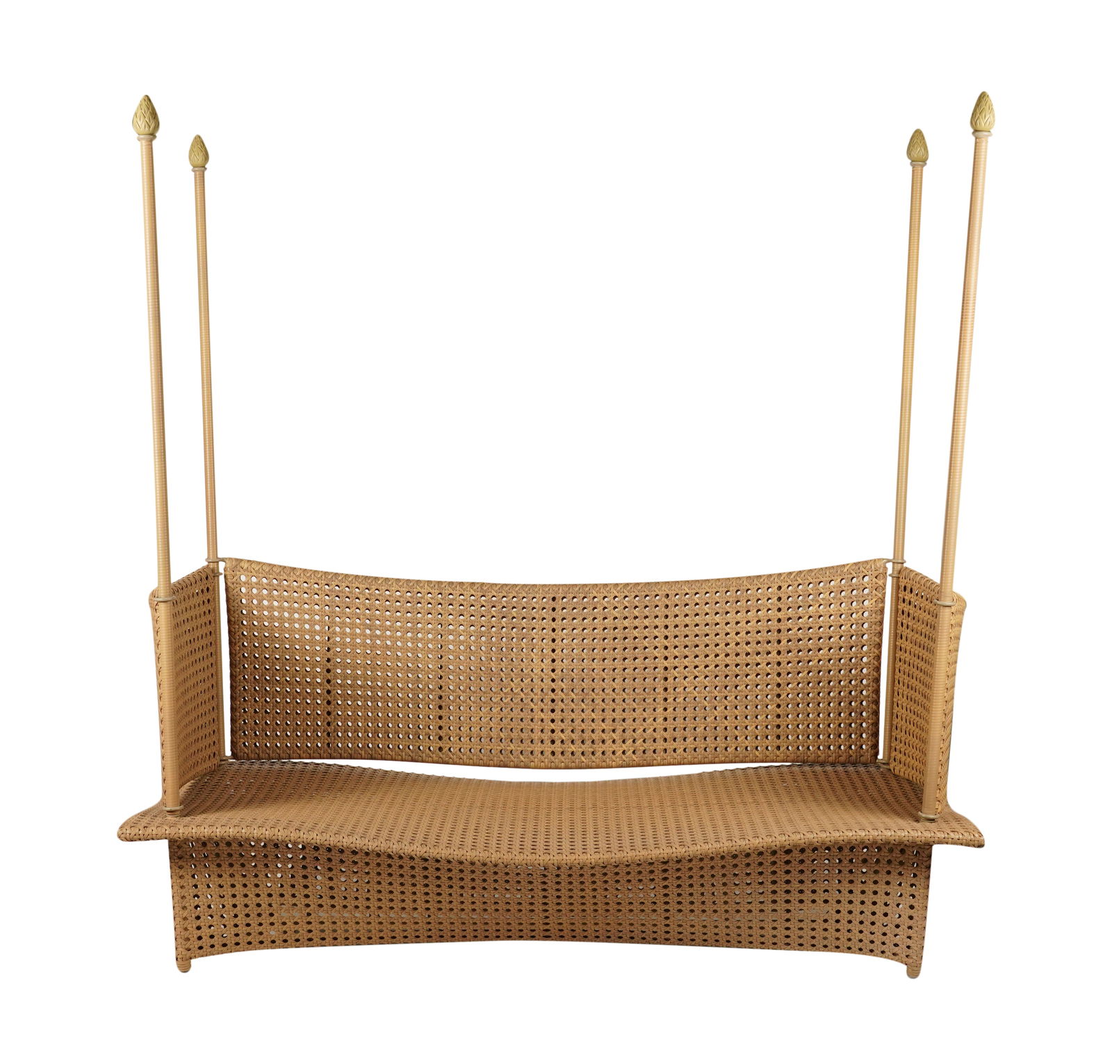 A Dedon Three-Sided Sun Chaise Daybed: with a striped upholstered pad and metal label to the side: Height of post 84 in. tall 38 1/2 x 81 x 35 in. (97.8 x 205.7 x 88.9 cm.), Seat Height: 20 in. (50.8 cm.)