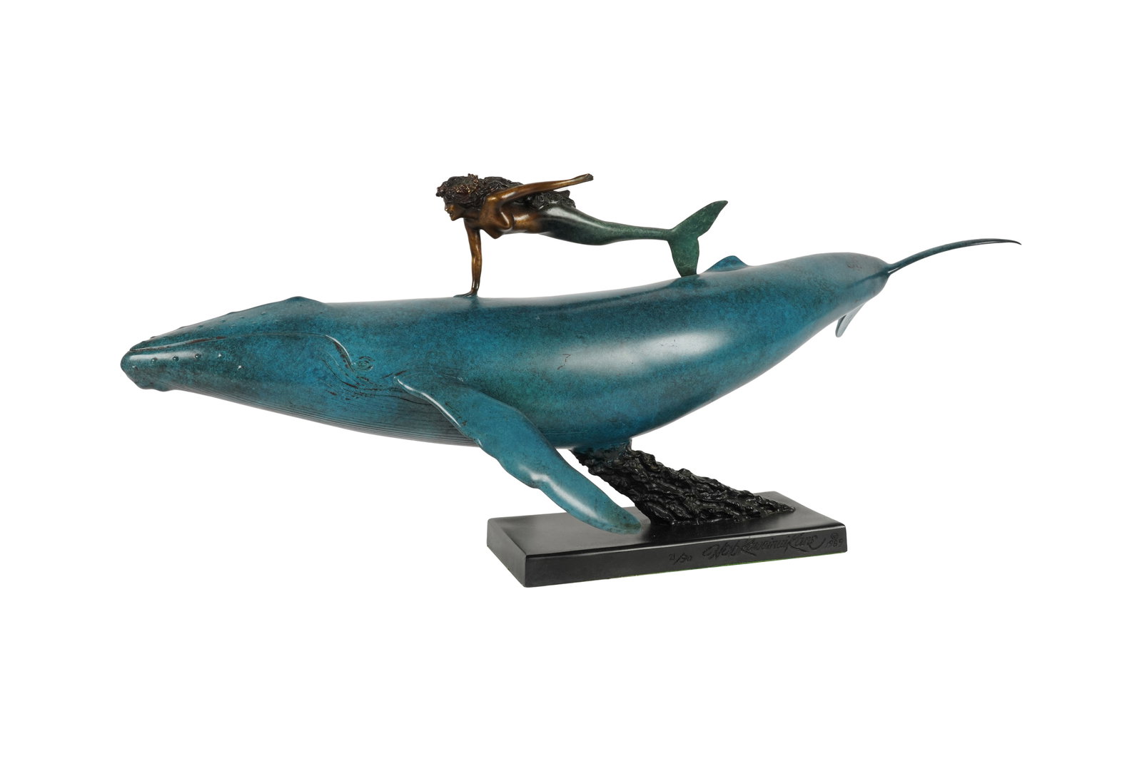 Herb Kawainui Kane, American 1928-2011, Whale and Mermaid: Herb Kawainui Kane American 1928-2011 Whale and Mermaid bronze 1989, signed, and dated ed. 21/90 12 1/2 x 32 x 10 1/4 in. (31.8 x 81.3 x 26 cm.)