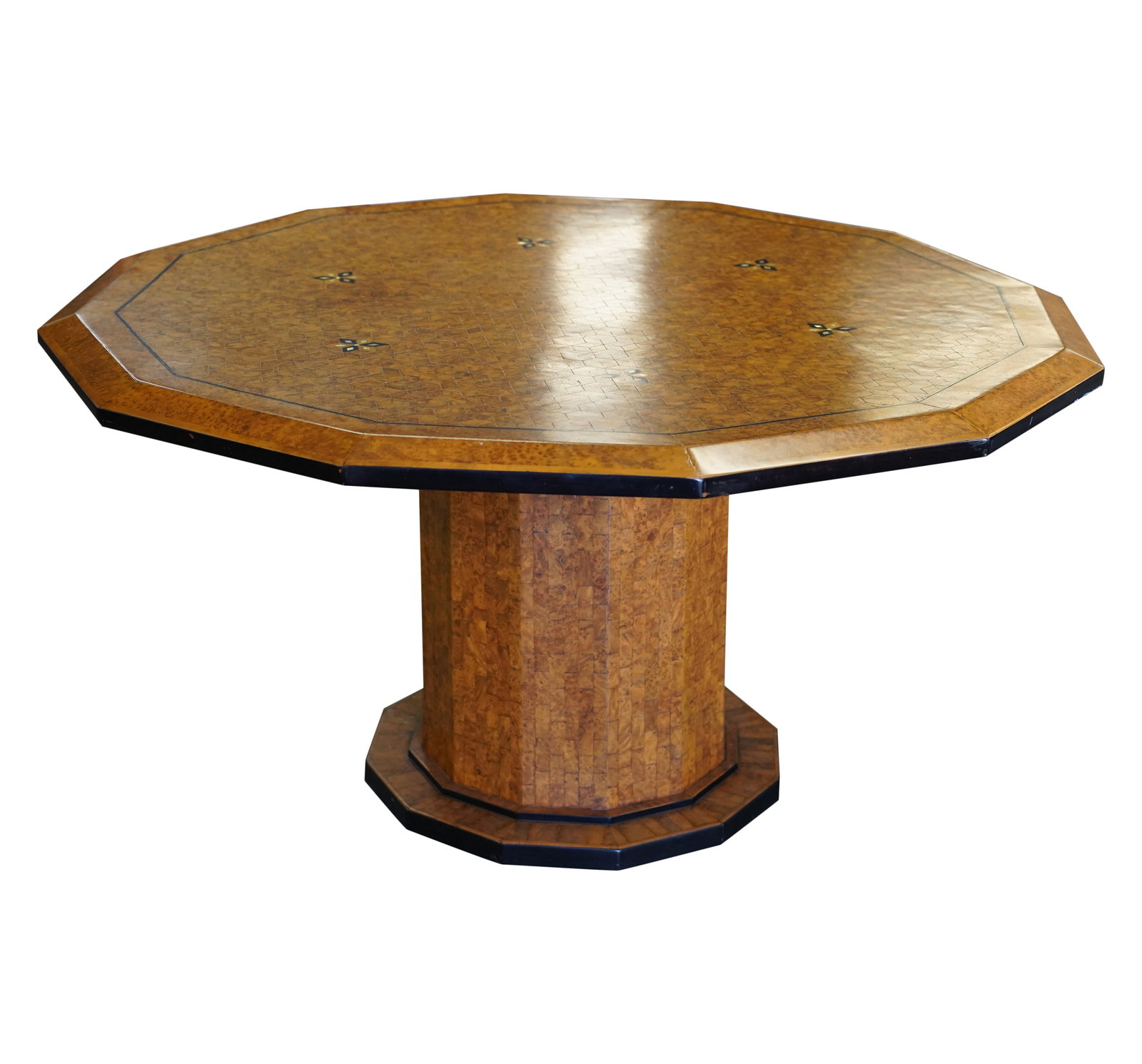 Contemporary Parquetry Burlwood and Mother of Pearl Inlaid Breakfast Table: with geometrical design 28 1/2 x 54 in. (72.4 x 137.2 cm.)