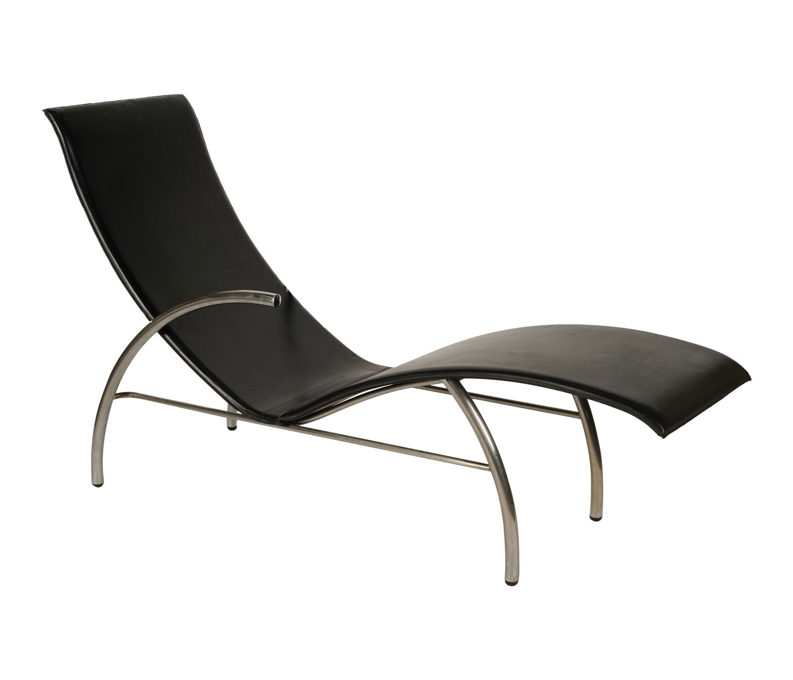 An Italian Leather Chaise Lounge: c. 1960s, Italy, unmarked, leather and chrome steel 36 1/4 x 64 x 22 1/2 in. (92.1 x 162.6 x 57.2 cm.)