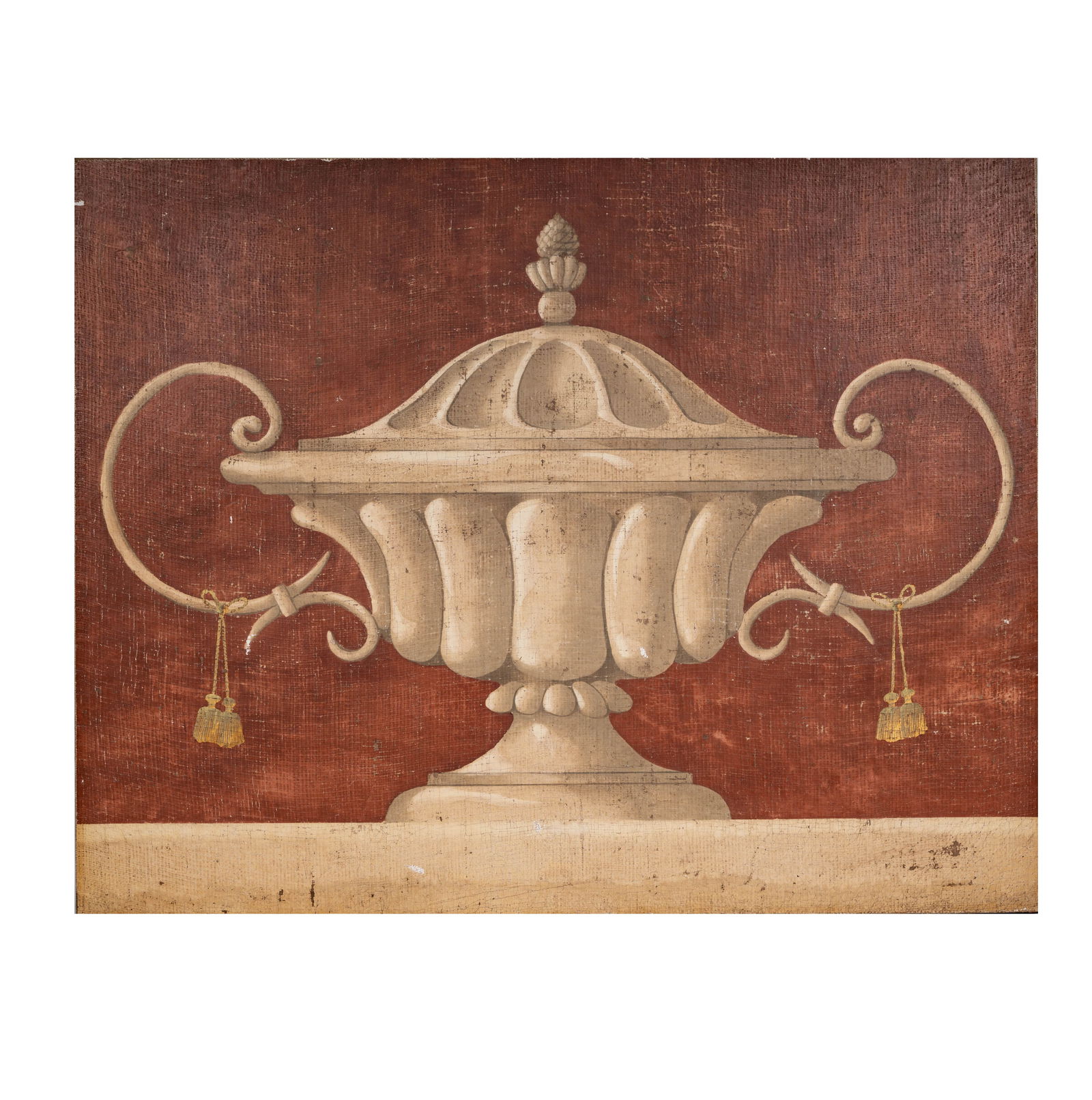 Jacques Lamy (B.1946): Classical Urn: Jacques Lamy American 1946 - 2016 Classical Urn oil or acrylic on burlap 1997; signed, dated and inscribed "Dallas" verso 47 1/2 x 60 in. (120.7 x 152.4 cm.)
