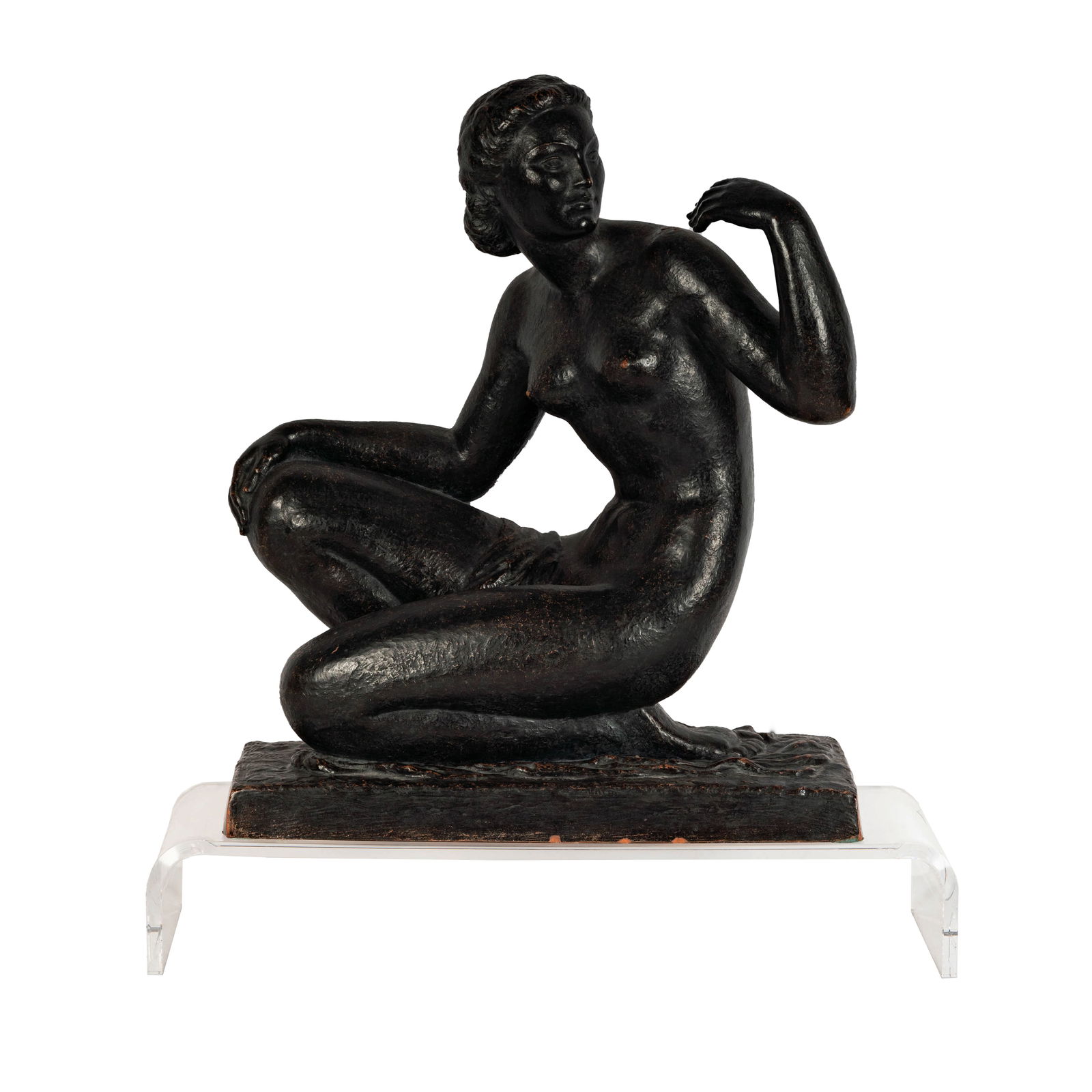 Lucien Gilbert (1904-1988): Female Nude: Lucien Gilbert 1904-1988 Female Nude patinated terracotta, with acrylic plinth signed "L. Gilbert" Figure: 19 1/2 x 16 x 7 1/2 in. (49.5 x 40.6 x 19.1 cm.), Plinth:: 3 1/2 x 20 1/2 x 8 in.