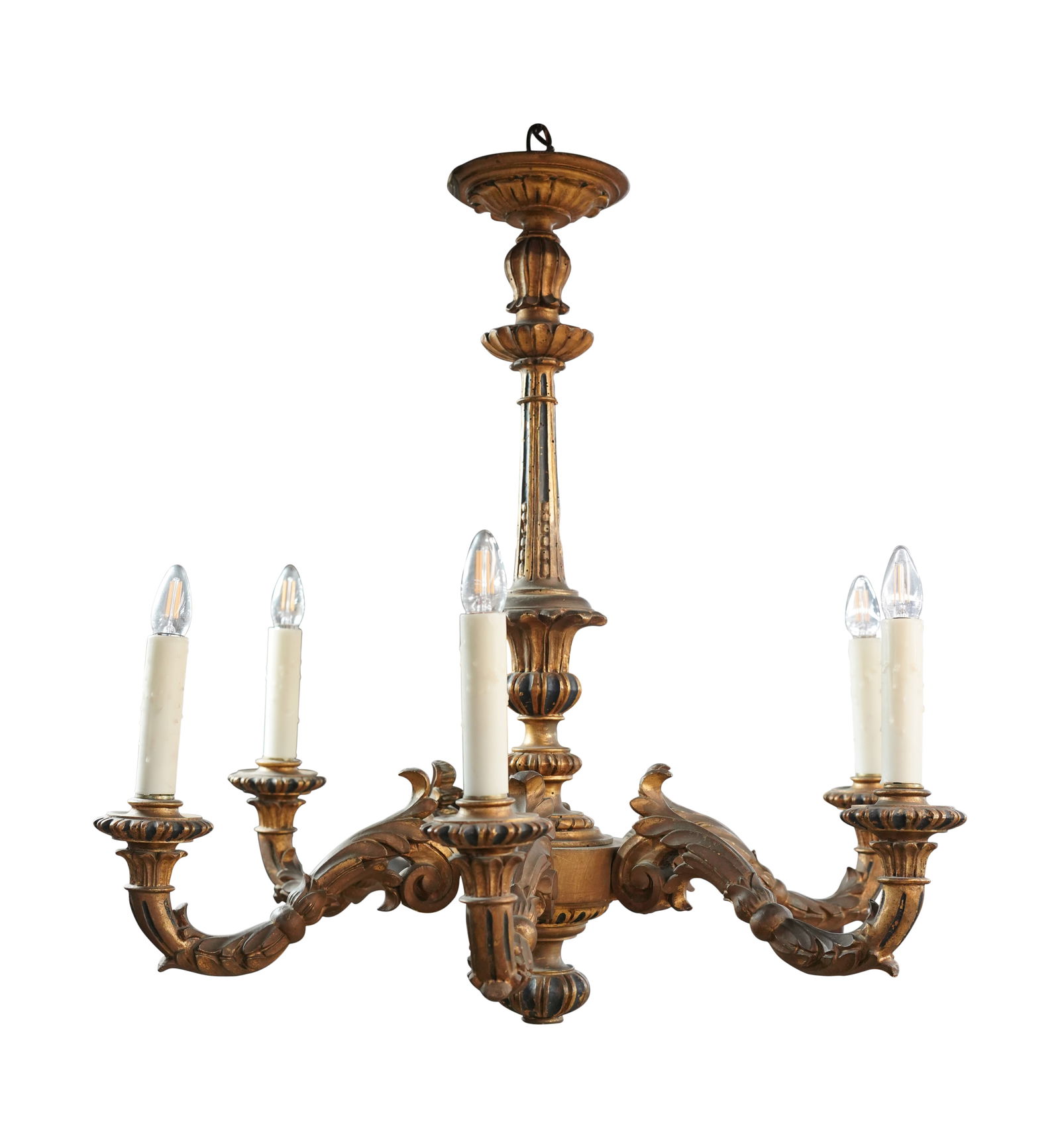 A Baroque-Style Giltwood Six-Light Chandelier: second half 20th century 34 x 33 in. (86.4 x 83.8 cm.)