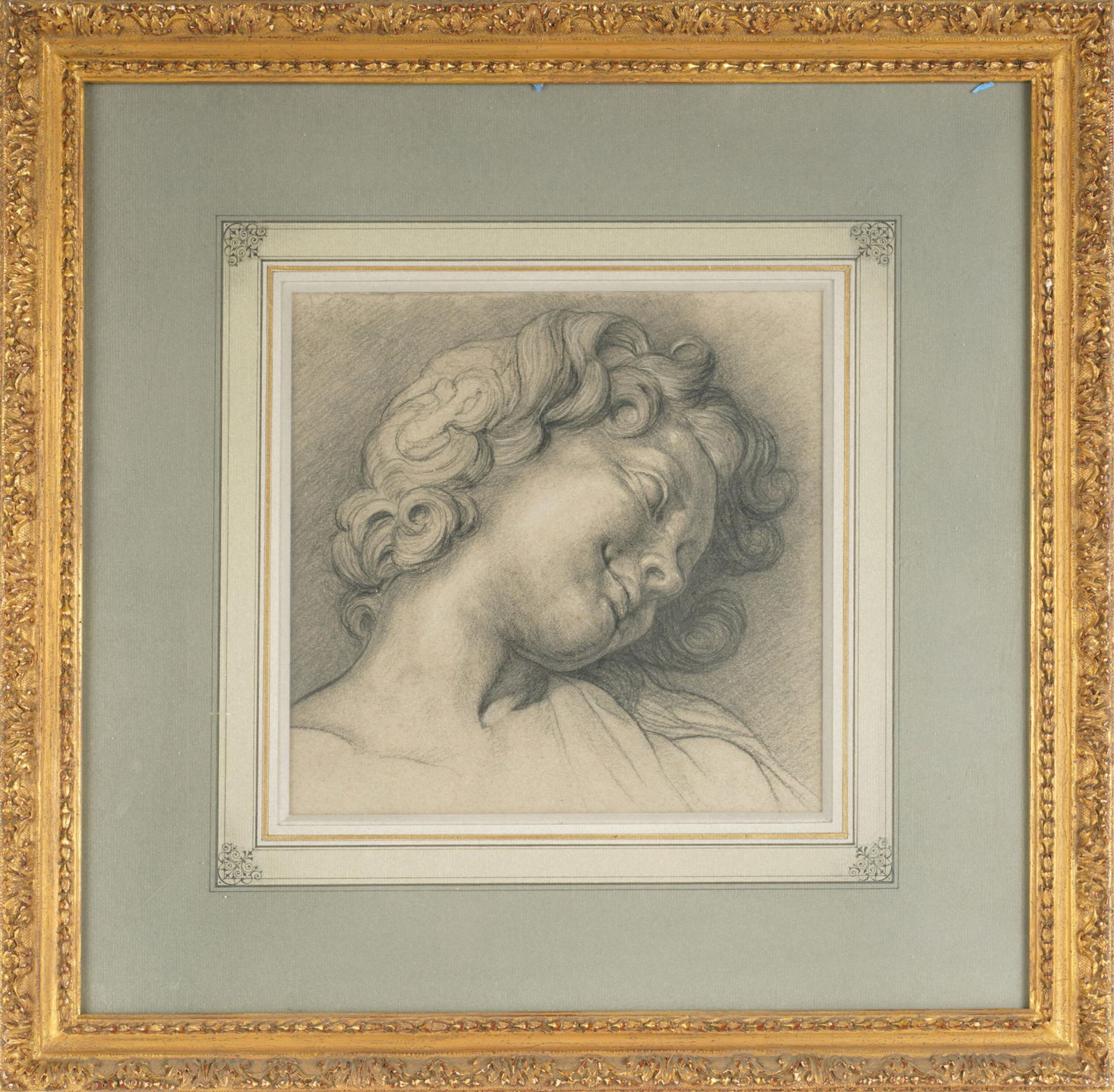 Continental School: Cherub: pencil on paper; no signature visible Sight: 12 x 12 in. (30.5 x 30.5 cm.), Frame: 21 x 21 in. (53.3 x 53.3 cm.)