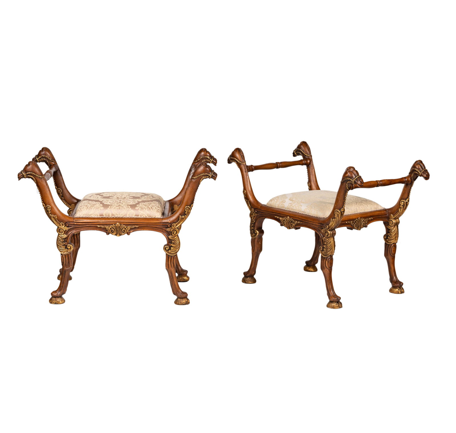 A Pair of Carved Wood Benches: contemporary; each on camel's head supports, with fabric-covered seat 26 1/2 x 36 x 20 in. (67.3 x 91.4 x 50.8 cm.), Seat height: 18 in. (45.7 cm.)