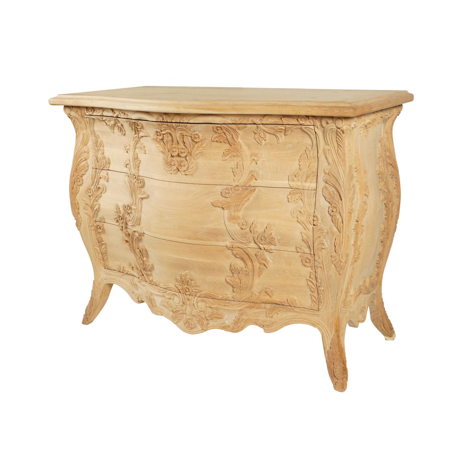 A Nancy Corzine Louis XV-Style Bombe Commode: "Flora" model; unfinished wood 37 x 48 1/2 x 24 in. (94 x 123.2 x 61 cm.)