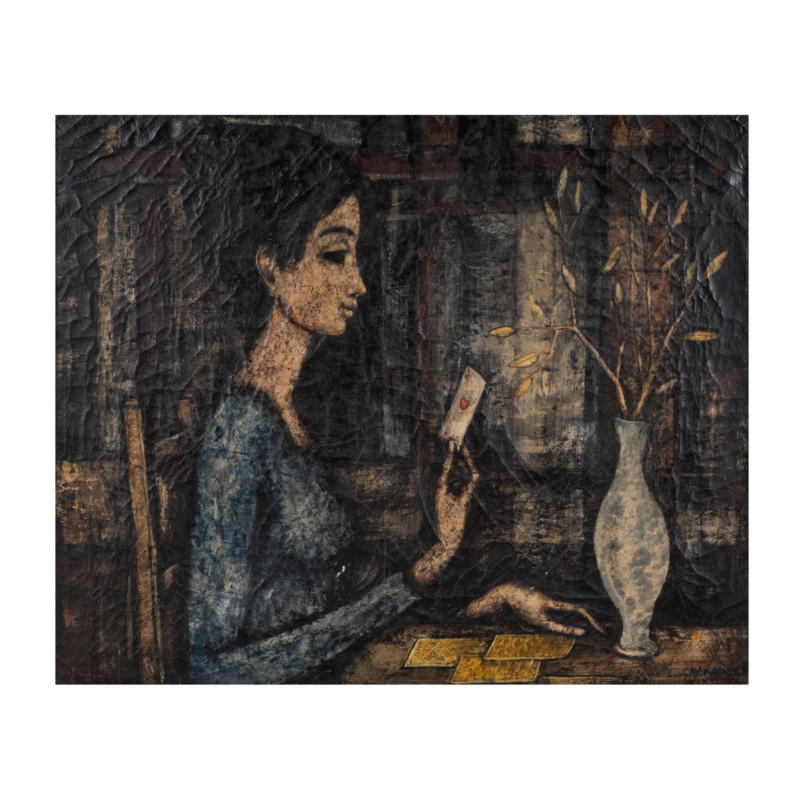 Enrico Campagnola (1911 - 1984): Lady Holding the Ace of Hearts: Enrico Campagnola Italian 1911 - 1984 Lady Holding the Ace of Hearts oil on canvas signed lower right 23 1/2 x 29 in. (59.7 x 73.7 cm.), Frame: 30 x 35 in. (76.2 x 88.9 cm.)