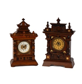Two German Black Forest Carved Wood Mantle Clocks