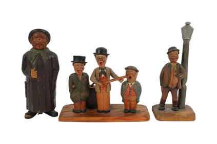 A Group of Black Forest Carved Wood Musical Figures w/ Barware