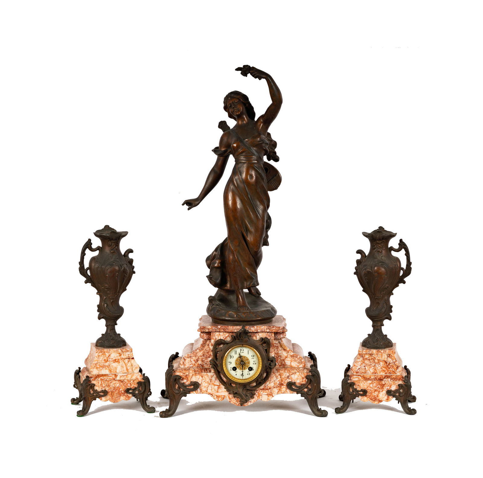 A French Spelter and Marble Figural Mantle Clock with Garnitures by A. J. Scotte (1 of 20)