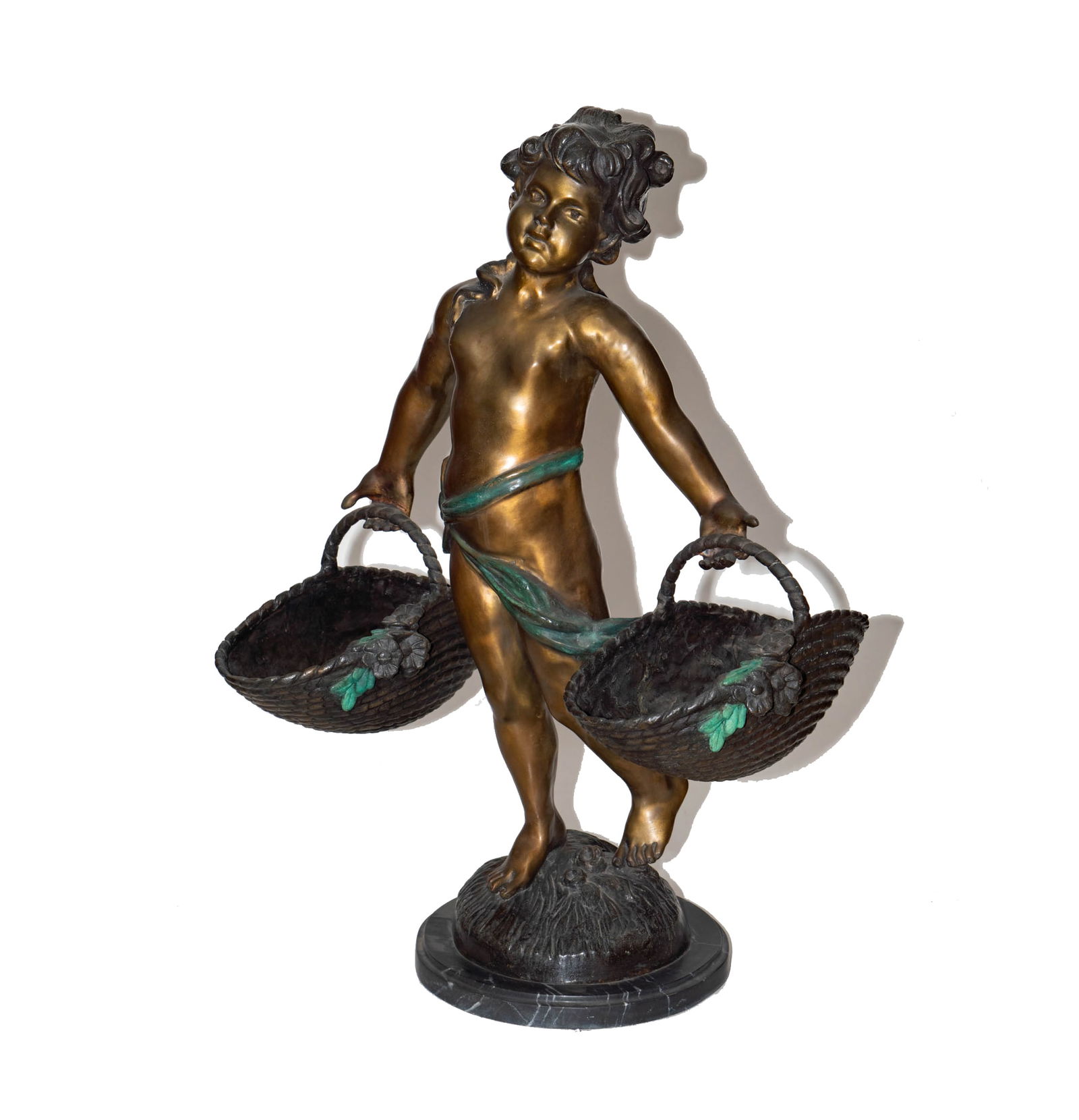 After Auguste Moreau (1834-1917): Girl With Flower Baskets: mounted to a round marble base; signed in casting Overall: 37 1/2 x 27 x 13 in. (95.3 x 68.6 x 33 cm.) Provenance: The Estate of Bob Bentley Lloyd, treasurer for The Music Box Society International (M