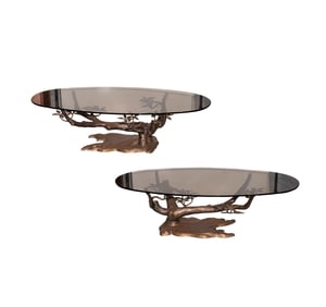 A Pair of Brass and Smoked Glass Coffee Tables
