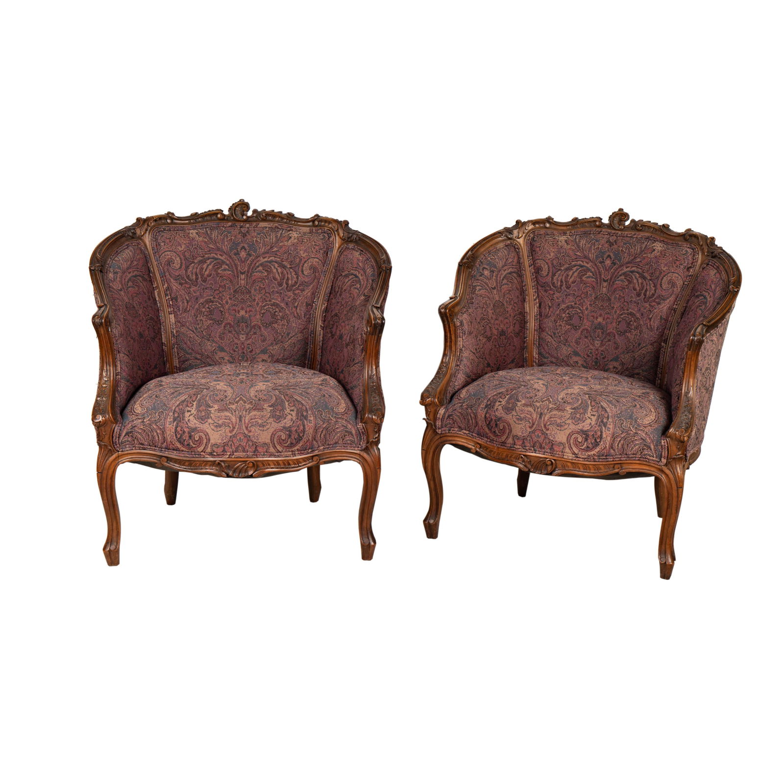 A Pair of French Carved Wood Upholstered Club Chairs: with needlework upholstery 32 1/2 x 30 1/2 x 26 in. (82.6 x 77.5 x 66 cm.), Seat Height: 18 in. (45.7 cm.) Provenance: The Estate of Bob Bentley Lloyd, treasurer for The Music Box Society Internationa