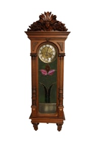 A German Carved Wood and Floral Stained Glass Wall Clock
