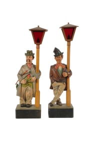 Two German Carved Wood Whistling Figures on Light Post Automatons