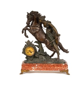 A French Spelter Woman and Horse Figural Mantle Clock