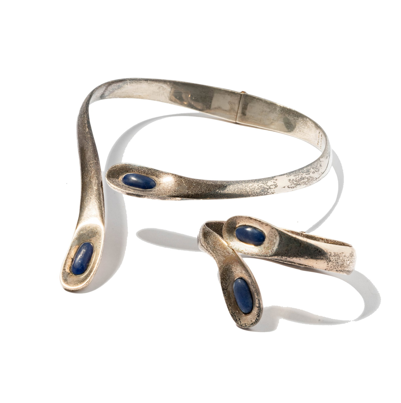 Sterling Silver and Sodalite Choker and Hinge Cuff: necklace measuring 15 inches, and cuff measuring 7 inches inside diameter;