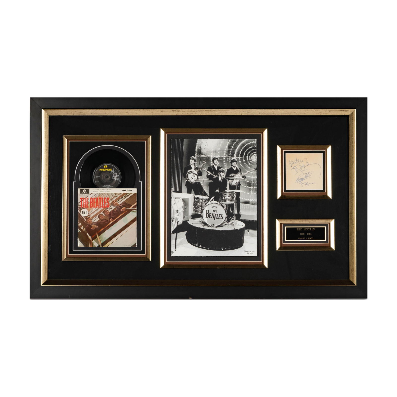 A Beatles Autograph Framed Display: comprising a sheet of paper signed "Beatles / Paul McCartney / John Lennon / Ringo Starr / George Harrison" (Sight: 4 1/2 x 4 1/2 in.); a photograph inscribed "'Ringo and Pals' AP13/50" lower right an