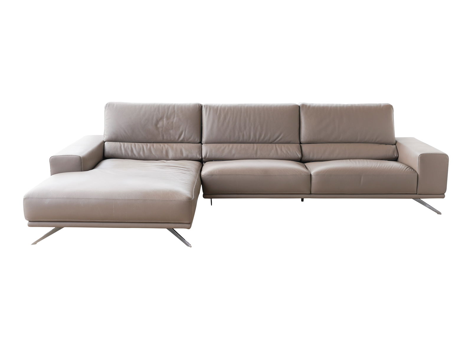 A Roche Bobois Gray Leather Sectional Sofa: in two sections; with manufacturer's label; Right-arm section: 35 x 83 x 39 1/2, Left-arm chaise lounge: 35 x 48 x 75 in., Overall: 131 in., Seat height: 16 in.