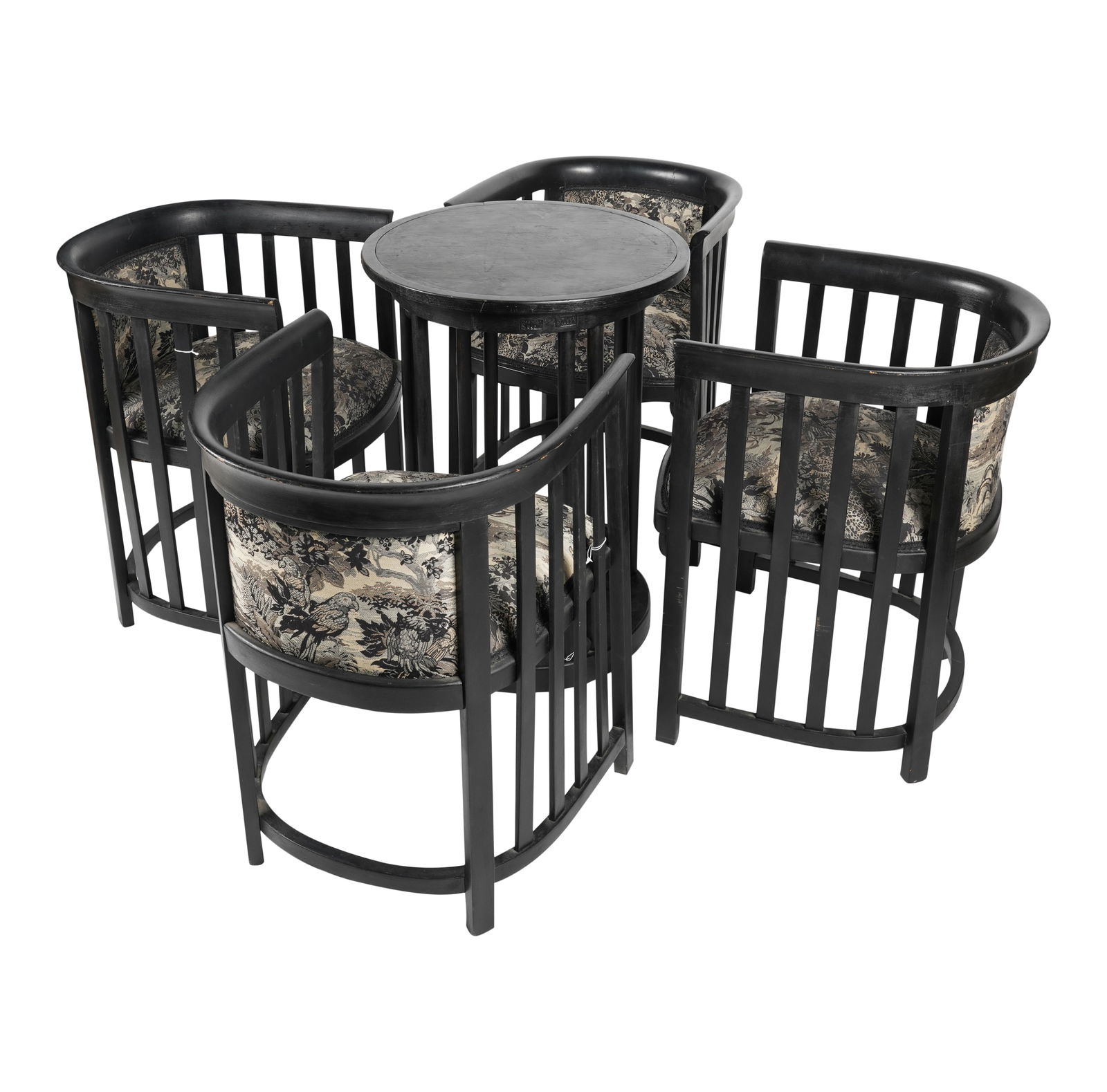 Style of Josef Hoffmann: Ebonized Wood Table and Four Chairs: the table possibly Marcel Kammerer, with metal labels "C.S.C.A. - U.P.B / Nr. 43" and "A.R.L.U.S. / N.R. 297 / C.P.R.8.", 31 1/4 x 23 1/4 in. (79.4 x 59.1 cm.); the chairs unsigned, 30 1/4 x 22 x 24 i