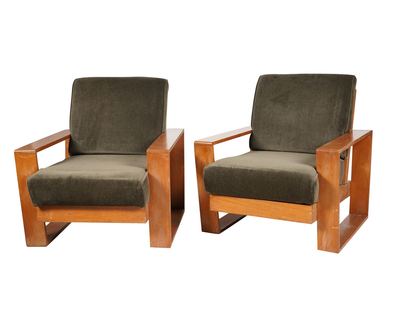 A Pair of Vintage Modernist Armchairs: in the style of Kem (K.E.M.) Weber; mid 20th century; stained wood, covered with gray mohair velvet; unsigned 35 x 31 x 40 in. (88.9 x 78.7 x 101.6 cm.), Seat height: 17 1/2 in. (44.5 cm.)