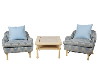 A Pair of American Mid-Century Modern Armchairs and an End Table