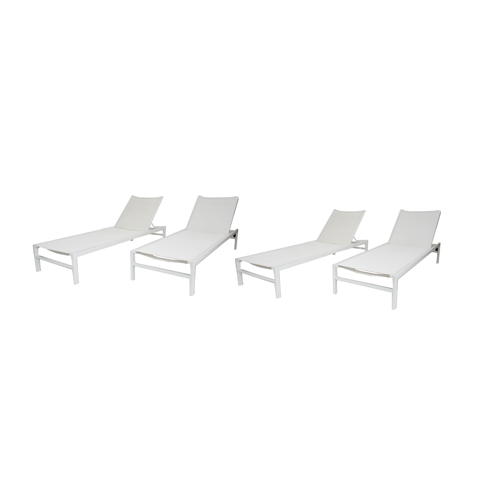 A Set of Four Patio Chaise Lounges: white powder-coated metal, white mesh; unsigned Adjusted flat: 13 x 79 x 26 1/2 in. (33 x 200.7 x 67.3 cm.)