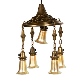 An Art Nouveau Iridescent Glass and Metal Chandelier