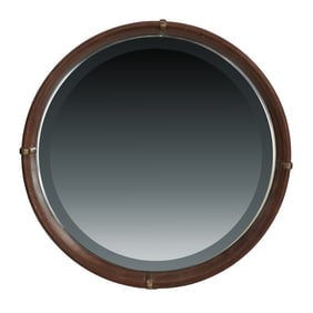 A Contemporary Brown Leather and Brass-Finish Round Mirror