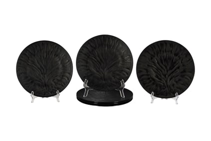 A Set of Six Lalique Algues Black Glass Plates