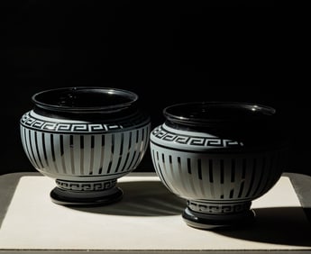 Pair of Glass Greek Key Vases