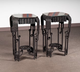 Pair of Iron and Marble Deco Style Side Tables